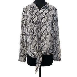 INC Blouse Womens Size 16 Black White Pattern Tie Front ButtonUp Collared Blouse